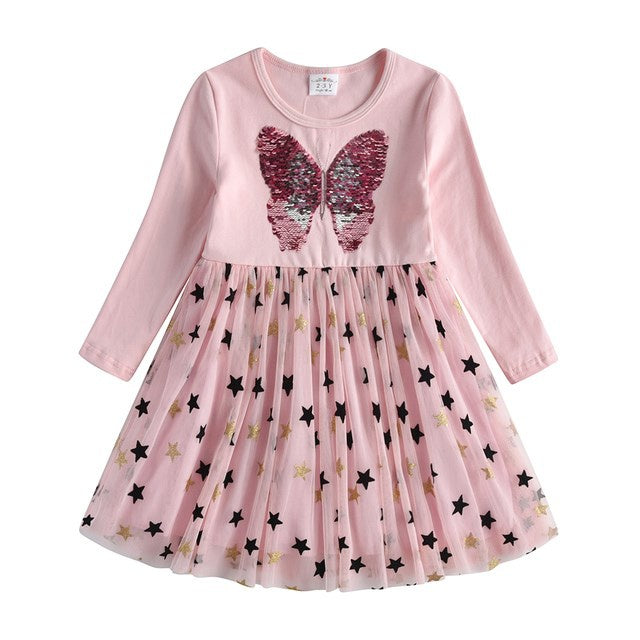 New 3-8 Girls Dress Butterfly Kids Long Sleeve Dresses Baby