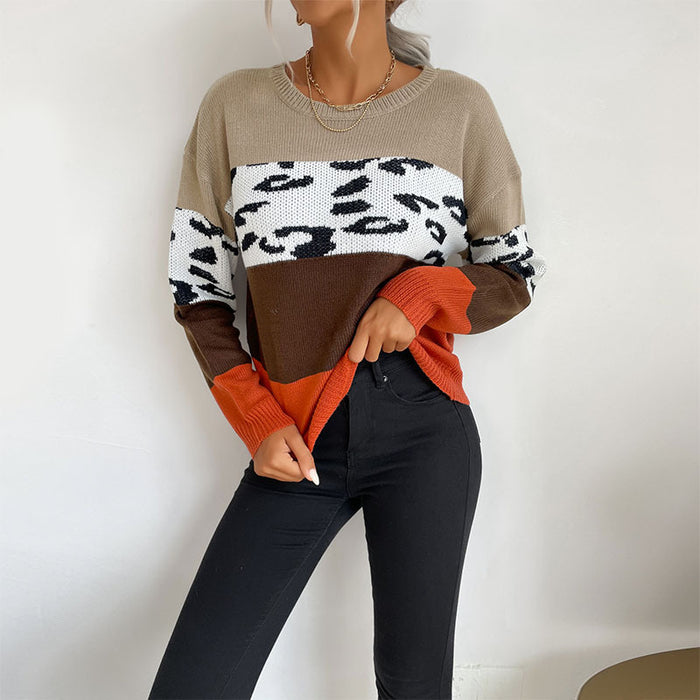 Autumn And Winter Leisure Top Leopard Print Color Matching Long Sleeve Pullover Sweater