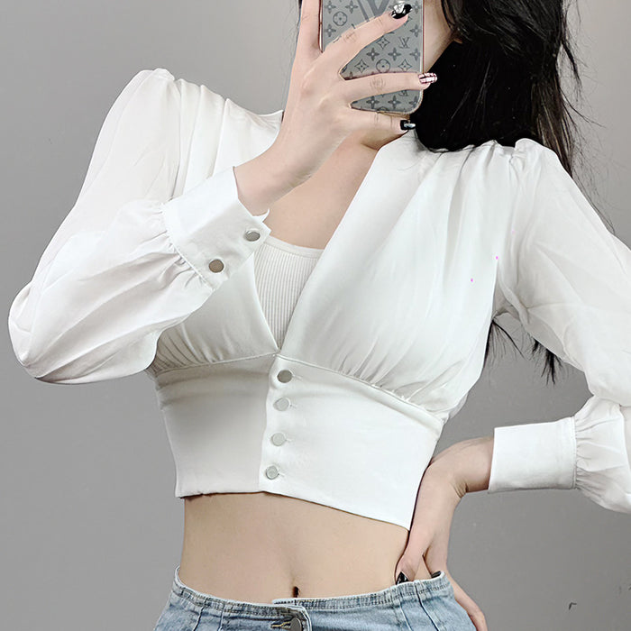 Slim Fit Waist Trimming Short Navel Sexy Deep V-neck Elegant Long Sleeve Blouse Ladies