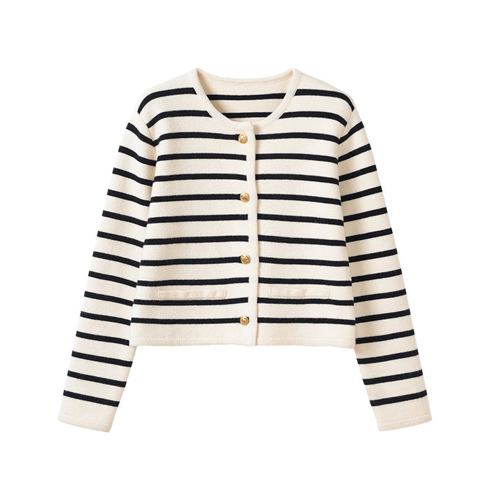 Women's Autumn And Winter New Round Neck Striped Knitted Cardigan Short Coat