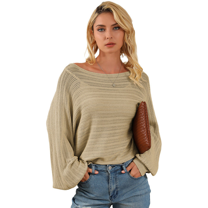 Textured Lantern Sleeve Off-neck Sweater Loose Pullover Sweater