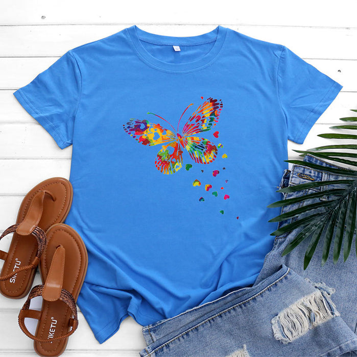 Women's Fashion Casual Heart Butterfly Printed Cotton Round Neck Short Sleeve