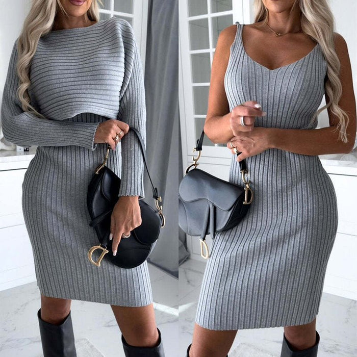 2pcs Suit Women's Solid Stripe Long - sleeved Top And Tight Suspender Skirt Fashion Autumn Winter Slim Clothing - Muska storeMuska storemuskastore