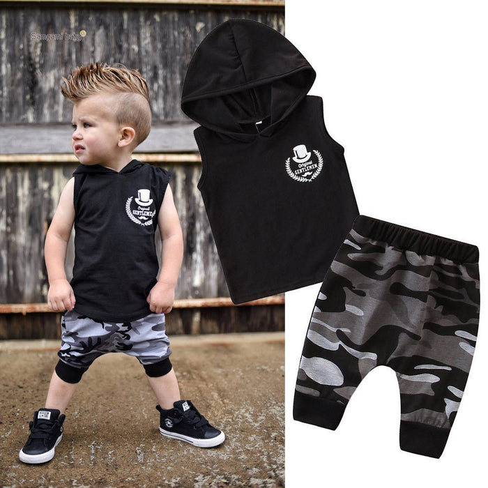 2PCS Toddler Kids Baby Boy Sleeveless Hooded Clothes T-shirt Tops Camo Pants Outfits - Muska storeMuska storemuskastore