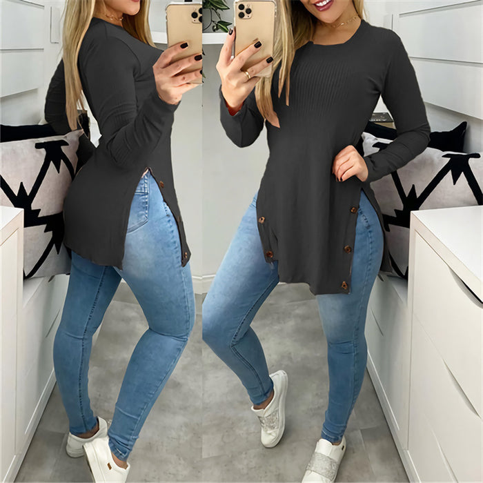 Women's Solid Color Round Neck Loose Sunken Stripe Slit Long-sleeved T-shirt