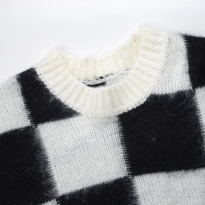 Black and white check plush loose top Korean chic pullover sweater