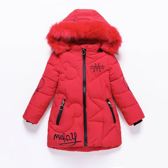 Winter Girl's Thickened Mid-length Children's Large Fur Collar Cotton-padded Jacket