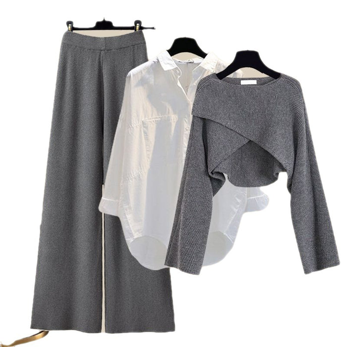 Knitted Sweater Shirt Wide Leg Pants Three-piece Set Autumn And Winter Suit Women