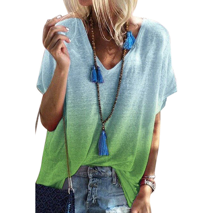 Women's Fashion Casual Contrast Color Short Sleeve Top