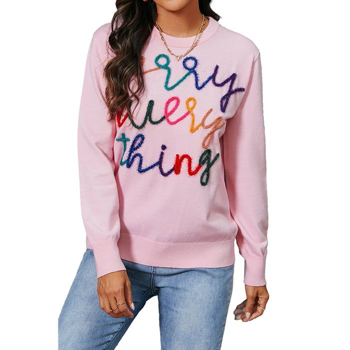 Casual All-match Letters Embroidered Slim Slimming Sweater for Women