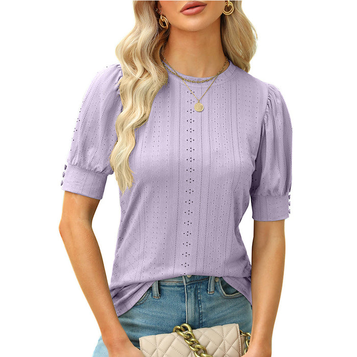 Summer Round Neck Hole Hollow-out Button Short-sleeved Casual Top