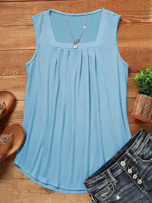 Solid Color Summer Loose Casual Pleated Square Collar Vest Top