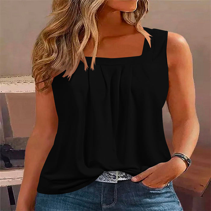 Solid Color Summer Loose Casual Pleated Square Collar Vest Top