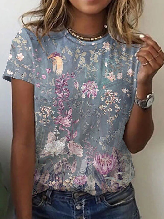 Floral Print Round Neck Short Sleeve T-shirt For Women Summer