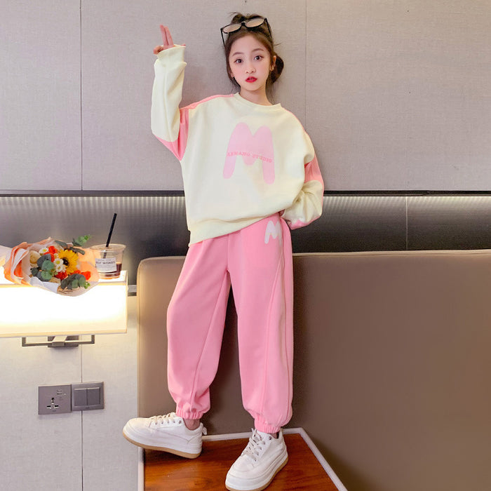 Girls Fashion Casual Printing Sweater Pants Suit