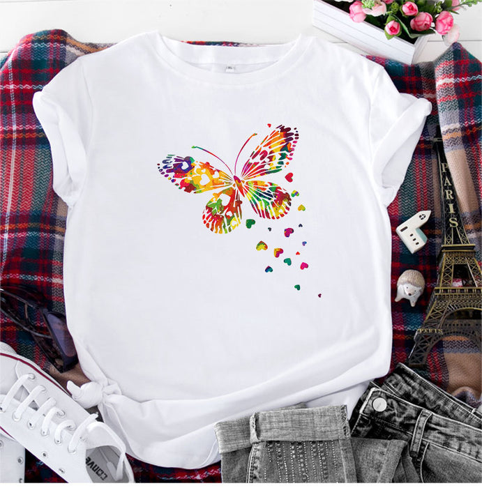 Women's Fashion Casual Heart Butterfly Printed Cotton Round Neck Short Sleeve