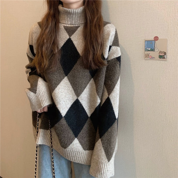 Korean Style Retro Lazy Style Diamond Plaid Colorblock Thick Warm Loose Turtleneck Sweater