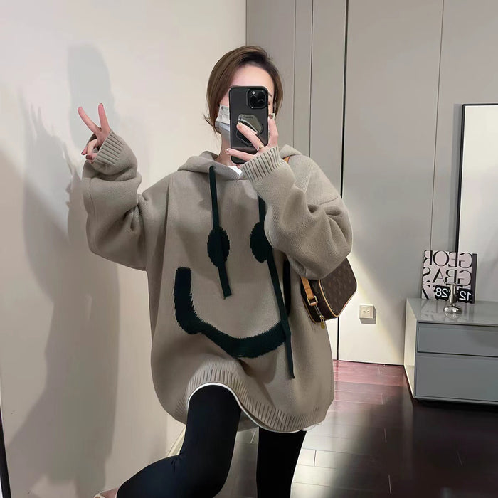 Soft Glutinous Beige Smiley Face Hooded Sweater Women's Autumn And Winter New Lazy