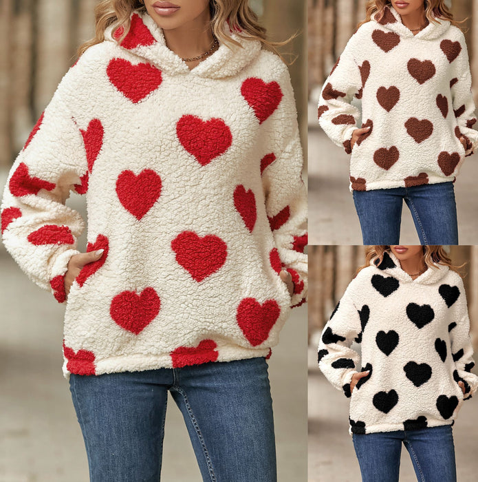 Plush Hooded Love Printed Pullover Sweatshirt Women