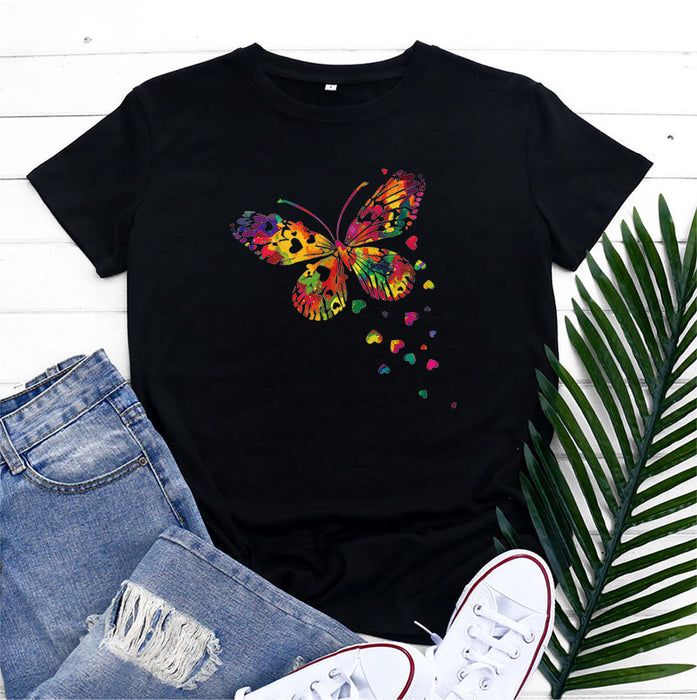 Women's Fashion Casual Heart Butterfly Printed Cotton Round Neck Short Sleeve