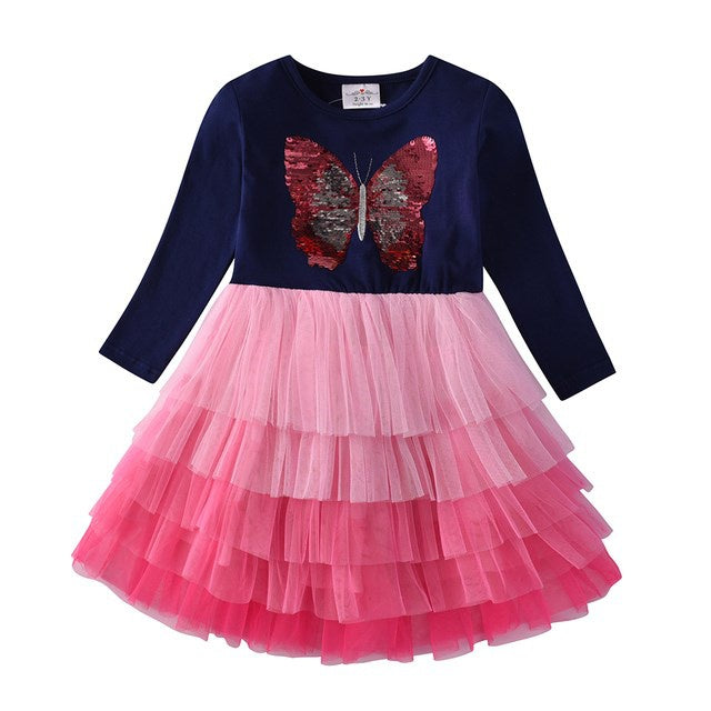 New 3-8 Girls Dress Butterfly Kids Long Sleeve Dresses Baby