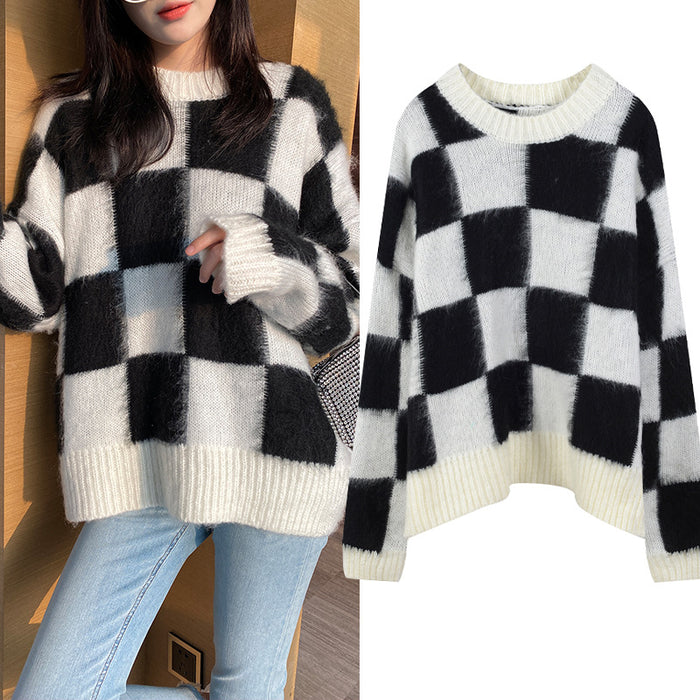 Black and white check plush loose top Korean chic pullover sweater