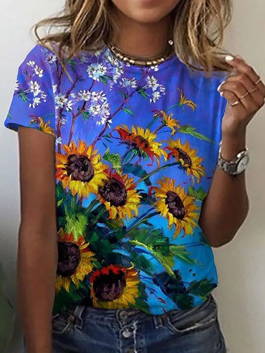 Floral Print Round Neck Short Sleeve T-shirt For Women Summer