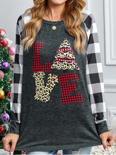 Christmas Printed Checkered V-neck Long-sleeved T-shirt Stitching