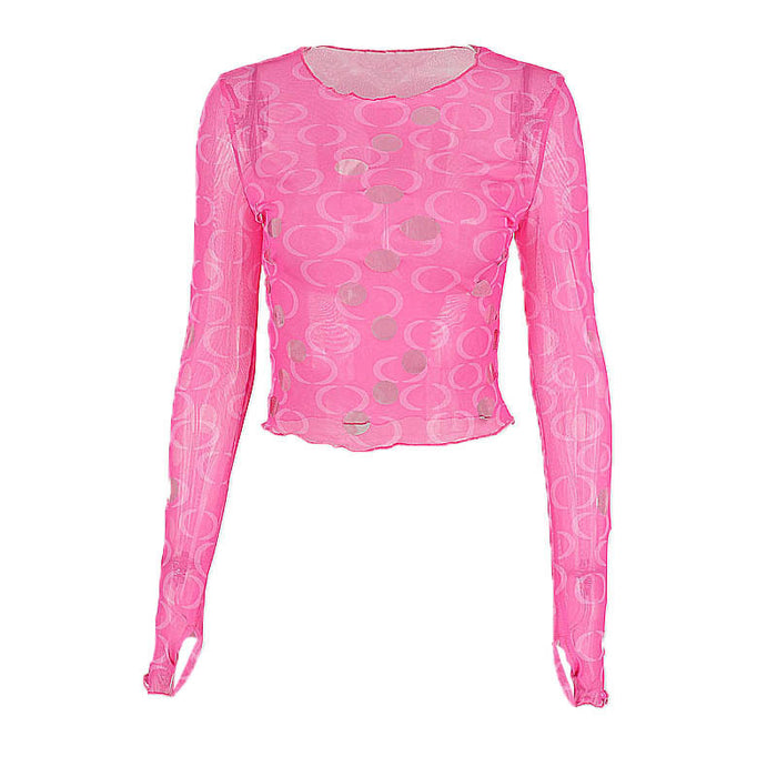 Printed Polka Dot Hollow Out See-through Cropped Long Sleeves