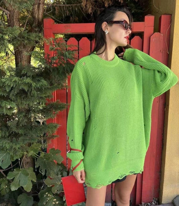 Solid Color Round Neck Long Sleeve Burrs Loose Knitted Pullover