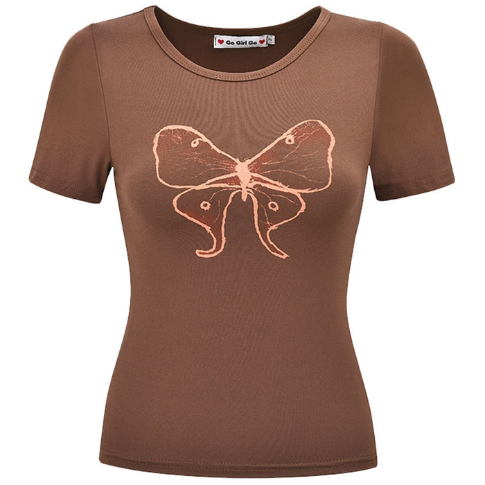 American Retro Butterfly Print Brown Short Sleeves T-shirt Women's Summer Slim Fit