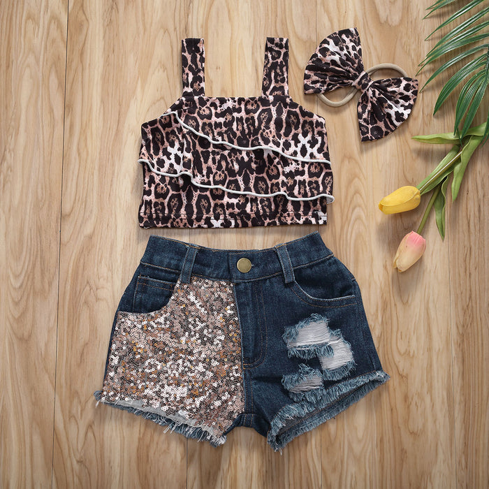 Kids Girls Top Shorts 3Pcs Suit Leopard Short Sleeve