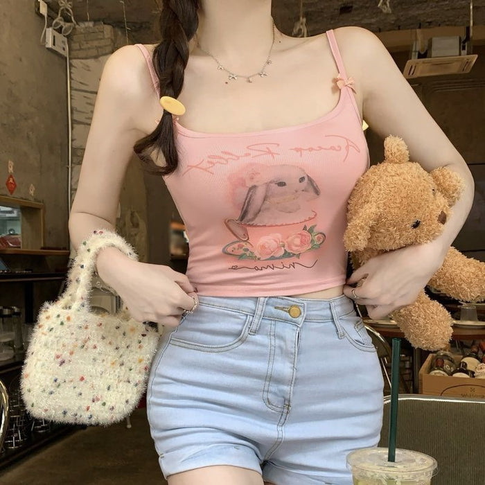 Women's Bow Rabbit Print Spaghetti-strap Camisole Top