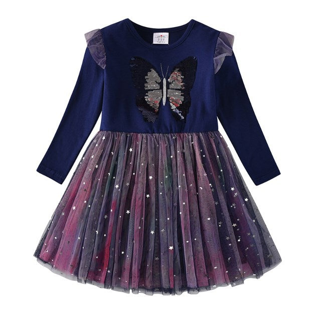 New 3-8 Girls Dress Butterfly Kids Long Sleeve Dresses Baby