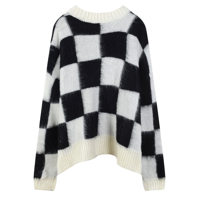 Black and white check plush loose top Korean chic pullover sweater