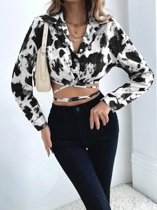 Women's  Fashion Hong Kong Style Cows Pattern Short Sexy V-neck Lace-up Shirt