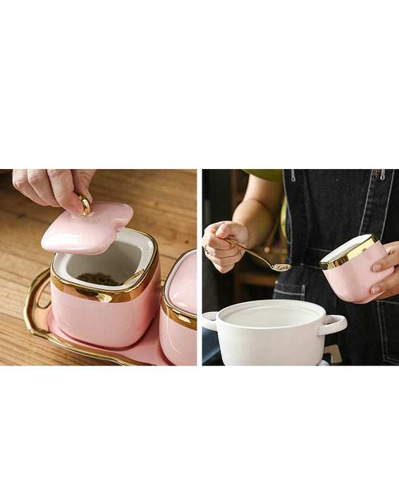 Nordic Light Luxury Girl Pink Phnom Penh Bright Glazed Ceramic Seasoning Jar Sugar Bowl Salt Bowl Seasoning Jar Combination Set