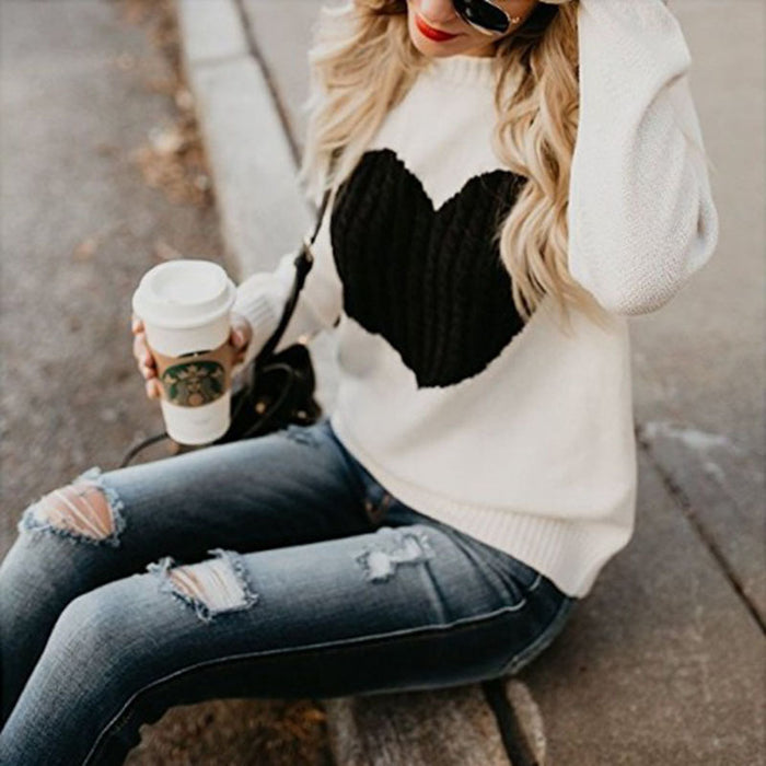 Autumn Winter Women Sweaters Heart Pattern Printed Long Sleeve Tops O-Neck Lovely Pullovers Knitted Loose Sweaters Tops