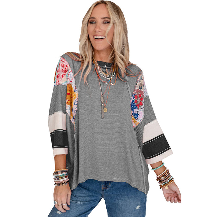 Thin Striped Color Matching Long Sleeve Casual Loose Pullover