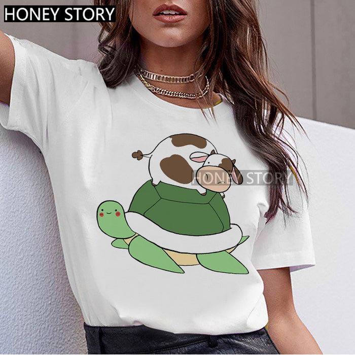 T-shirt Animal Cute Pattern Round Neck White Short-sleeve Top