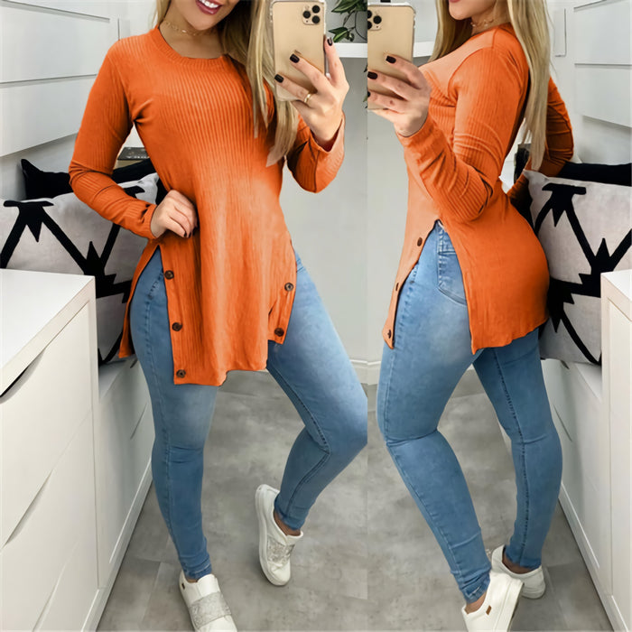 Women's Solid Color Round Neck Loose Sunken Stripe Slit Long-sleeved T-shirt