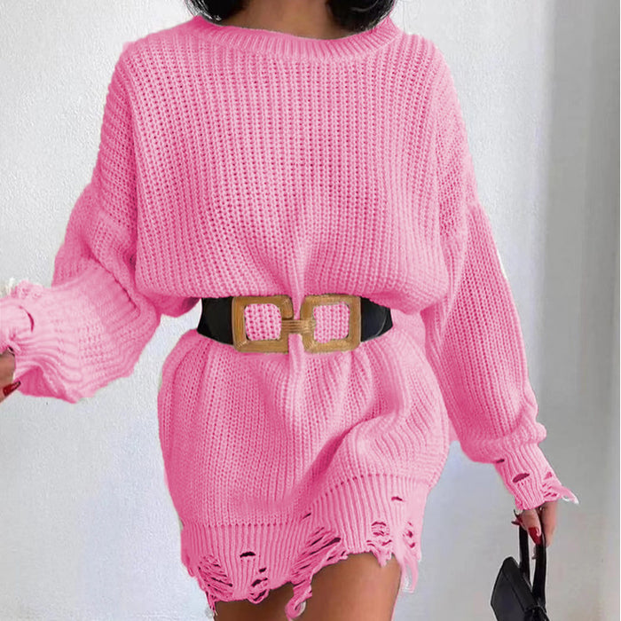 Solid Color Round Neck Long Sleeve Burrs Loose Knitted Pullover