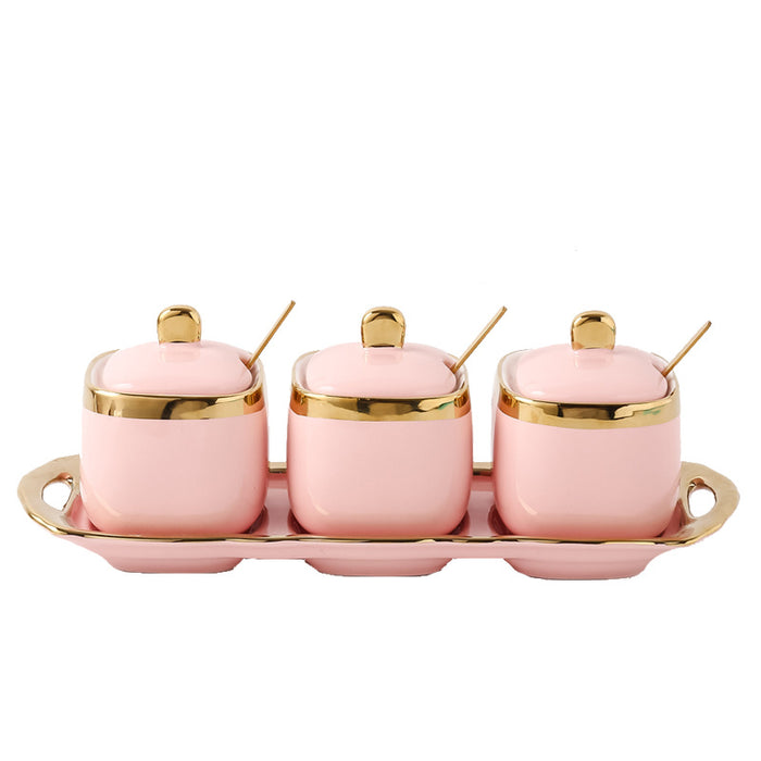 Nordic Light Luxury Girl Pink Phnom Penh Bright Glazed Ceramic Seasoning Jar Sugar Bowl Salt Bowl Seasoning Jar Combination Set