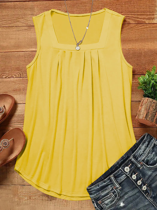 Solid Color Summer Loose Casual Pleated Square Collar Vest Top