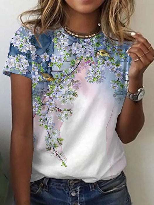 Floral Print Round Neck Short Sleeve T-shirt For Women Summer