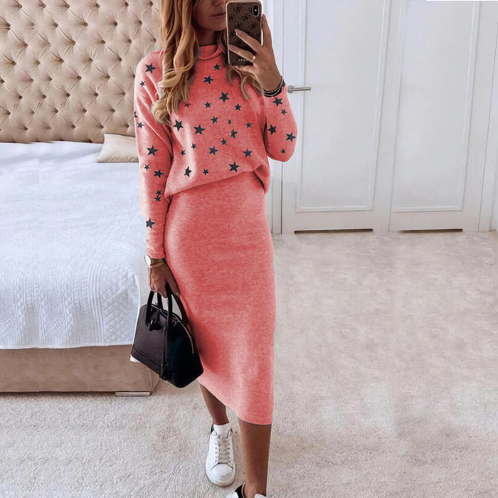 European And American Long Sleeve Printed Turtleneck Tight Casual Hip Skirt