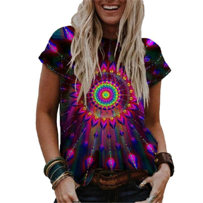 Internet Hot Women's Fashion Clothing Short Sleeve Casual Round Neck Vintage Printed T-shirt