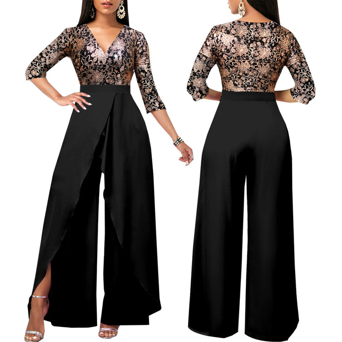 European And American Fashion Solid Color And V-neck Women's Jumpsuit