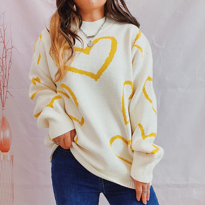 Love Pattern Sweater Round Neck Long Sleeve