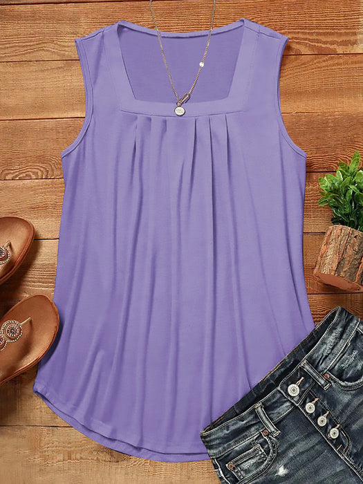 Solid Color Summer Loose Casual Pleated Square Collar Vest Top